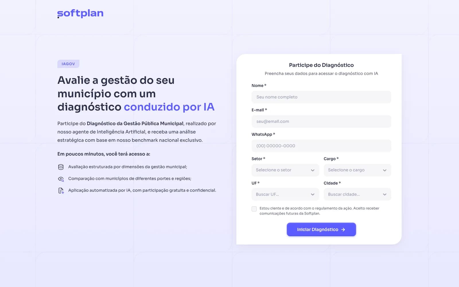 Landing page do diagnóstico: à esquerda, a chamada sobre avaliar a gestão do município com IA; à direita, o formulário de cadastro para iniciar o diagnóstico.